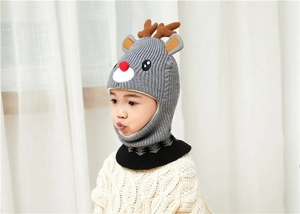 Close-up of grey knit reindeer balaclava with brown antlers for toddlers