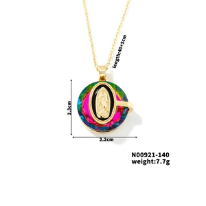 Detailed dimensions of gold Madonna crystal necklace showing 2.2x2.3cm pendant size