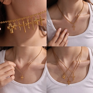 Vintage 18K gold plated stainless steel cross pendant necklace collection for women