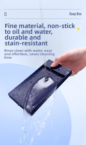 Detail showing the hydrophobic easy-clean surface of the dark blue rectangular soap box
