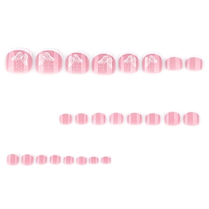 French tip toe press-on nails with pink stripes and delicate white butterfly designs