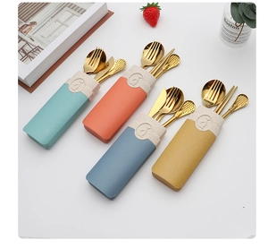 Portable golden cutlery set in four colors with eco-friendly wheat straw storage boxes