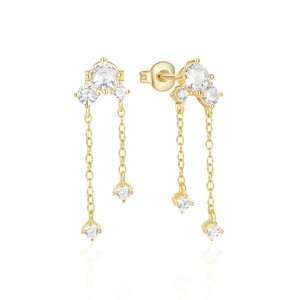 Close-up of golden S925 silver tassel earrings with shimmering clear crystal droplets