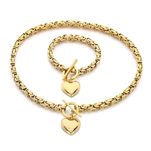 Polished 6mm heart pendant stainless steel necklace and bracelet set in gold finish
