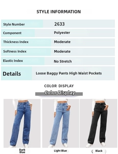 Tableau des tailles et vue détaillée du jean baggy à taille haute avec poches latérales