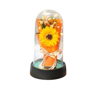 Preserved sunflower in glass dome with LED lights and black base for Valentine's gift