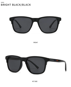 Front and 45-degree side views of classic bright black TR sunglasses for men