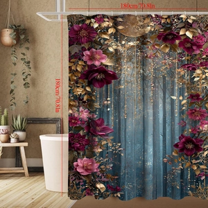 Detail view of 180x180cm shower curtain featuring floral forest and motorcycle Santa