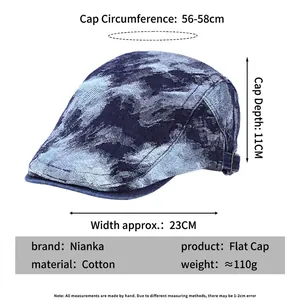 Berretto newsboy in cotone camouflage blu tie-dye con tabella taglie e dimensioni
