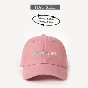 Pink baseball cap featuring white 'absolutely not.' embroidery and adjustable cotton strap