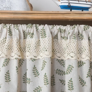 Linen cotton short curtain with olive leaf print and beige crochet lace trim