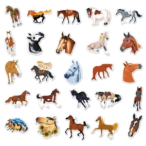 Detailed grid view of 25 unique horse-themed waterproof stickers for journals and luggage