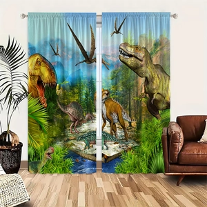 Detail of dinosaur world curtains with vibrant T-Rex print in a modern bedroom setting