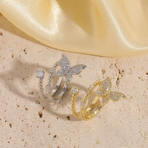 Butterfly Zircon Open Ring Copper 14K Gold Plated Spiral Beaded Texture Adjustable Jewelry For Women