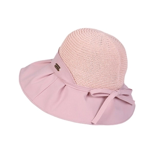 Women's pink wide brim sun hat with breathable woven crown and sweet bow detail