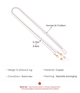 Detailed size measurement showing 68cm length of white pearl and gold copper eyewear chain