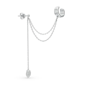 Silver leaf tassel ear cuff earring with double chain design on white background