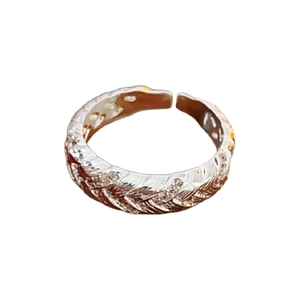 Silver twisted zircon open ring with pavé stones and adjustable weave design for women