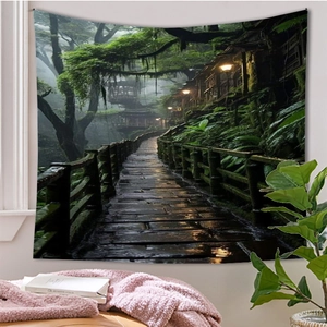 Detail of enchanted forest tapestry featuring a wooden path and cozy interior room lighting