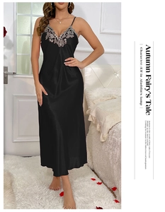 Detailed view of elegant black satin long nightgown with exquisite silver grey lace embroidery