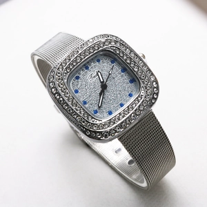 Elegant women's square quartz watch with silver mesh band and crystal bezel