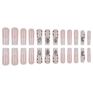 French tip coffin fake nails with pink base and silver rhinestone luxury decorations