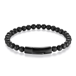 Macro view of men's black lava rock beaded bracelet with matte metal magnetic clasp