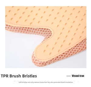 Macro detail of pink TPR massage bristles and breathable mesh fabric on pet grooming glove