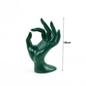 OK gesture hand-shaped resin jewelry stand in dark green for rings and bracelets
