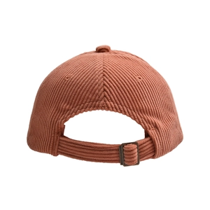 Detail view of adjustable corduroy baseball cap strap with bronze metal buckle back