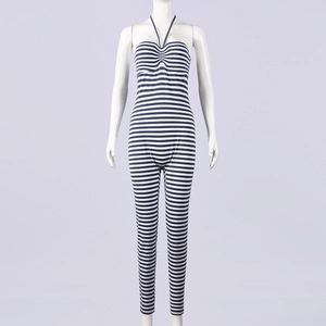 Detailed view of blue and white striped halter jumpsuit with a slimming hollow-out design