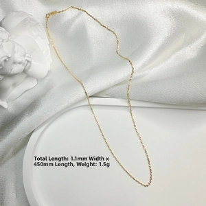 Detailed view of 1.1mm gold plated S925 sterling silver chain necklace with measurements