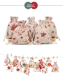 Christmas burlap drawstring bags set with clips and ropes for advent countdown decor