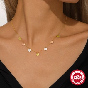 S925 sterling silver clavicle necklace with polished tricolor gold round disc pendants