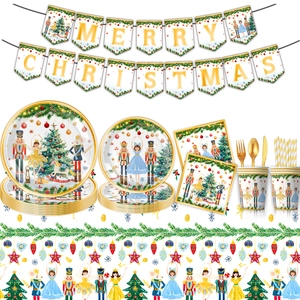 Christmas Nutcracker party set with plates, cups, napkins, and Merry Christmas banner