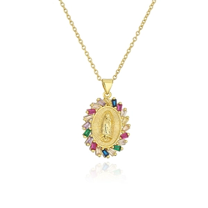 18K gold plated necklace with Virgin Mary oval pendant and colorful cubic zirconia stones