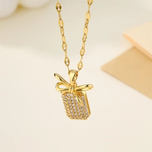Bowknot Pendant Necklace Stainless Steel Gold Plated Cubic Zirconia Pave Rectangular Tag Elegant Jewelry Women