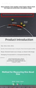 Detailed size chart for 2mm 3mm 4mm glass seed beads showing specific hole diameters