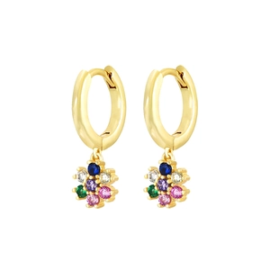 Close-up of golden floral earrings featuring colorful round-cut cubic zirconia gemstones