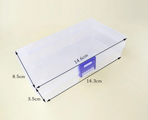 Detailed size chart of transparent plastic storage box with blue buckle 14.6x8.5x3.5cm