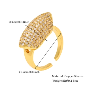 Detail view of gold zircon open ring with precise size and material specifications