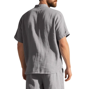 Detailed back view of men's casual linen short sleeve shirt and shorts set in grey
