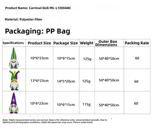 Detailed size and weight chart for Mardi Gras faceless gnome dolls decorations