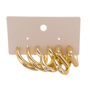 Six-piece set of gold geometric hoop earrings including C-shape and square designs
