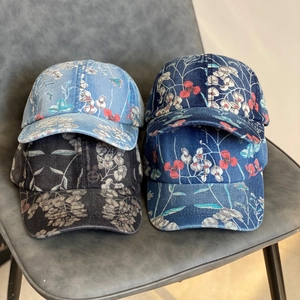 Vintage floral denim baseball caps with wide brims in four colorful patterns for women