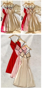 Three-color satin slip sleepwear with thin black straps and elegant silk-like texture