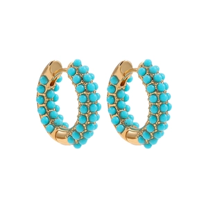 Retro 18K gold hoop earrings featuring turquoise beads and three rows of pearl details
