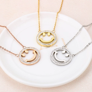 Stainless Steel Smile Face Necklace Hollow Round Pendant Rhinestones Women Minimalist Cute Clavicle Chain Elegant Jewelry