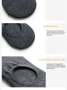 Detail of dark grey no-show socks showing the anti-slip silicone heel and elastic cuff