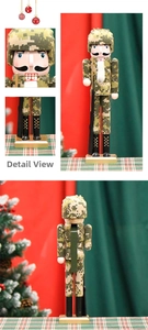 Detail views of 38cm wooden nutcracker soldier in camouflage uniform and military rifle
